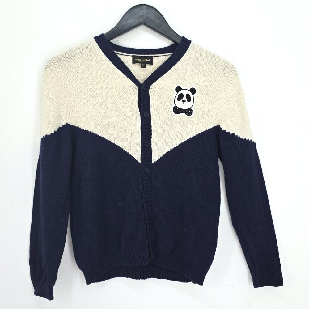 Mini Rodini Panda Sweater Organic Wool Kids Navy Cream Button Front KIds